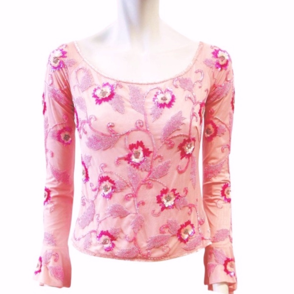 2004 Pink Escada hand beaded floral blouse